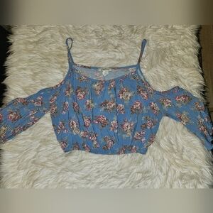 Ambiance Blue & Pink Floral Cold Shoulder Crop Top – Size Small